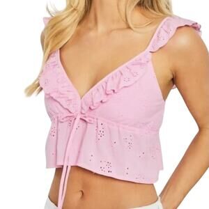Zara Eyelet Ruffle Crop Top Tank Top Tie Front Bow Size Small Pink Cottagecore